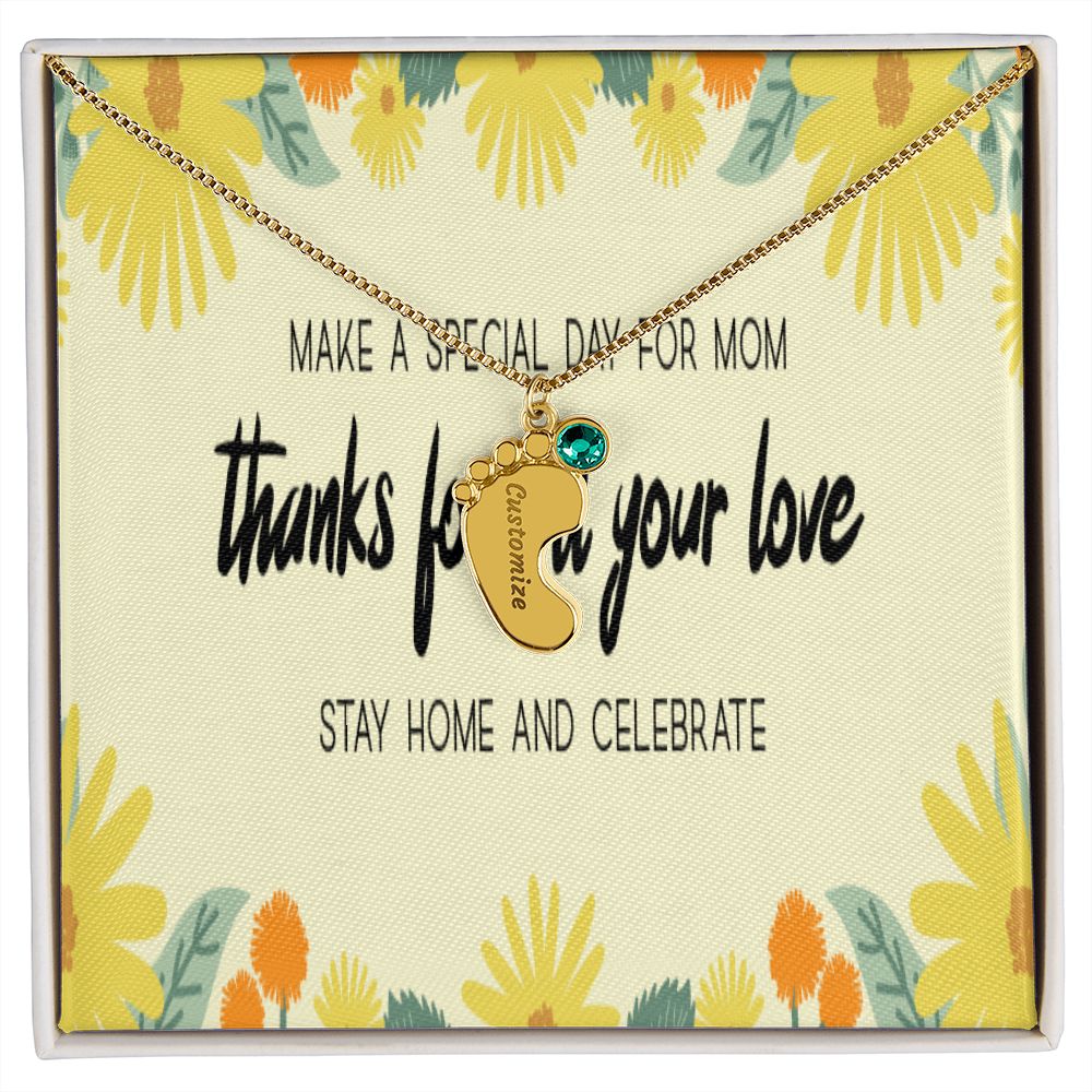Happy Mother's Day Engraved Baby Feet and Birthstones Necklace