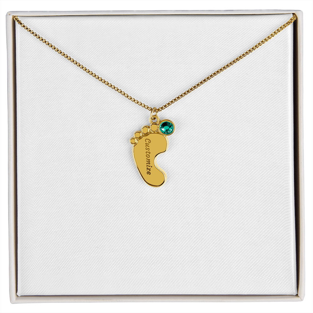 Happy Mother's Day Engraved Baby Feet and Birthstones Necklace