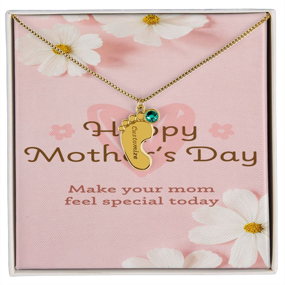 Happy Mother's Day Engraved Baby Feet and Birthstones Necklace