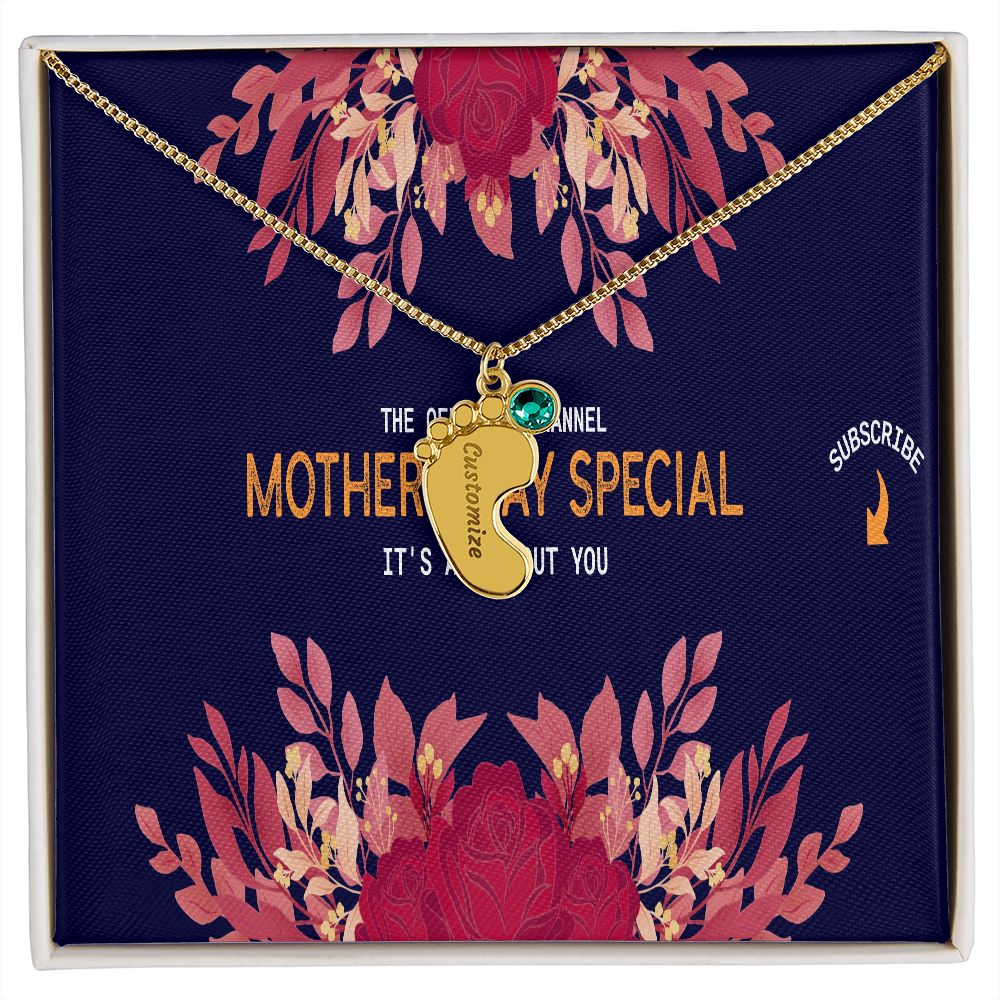 Happy Mother's Day Engraved Baby Feet and Birthstones Necklace