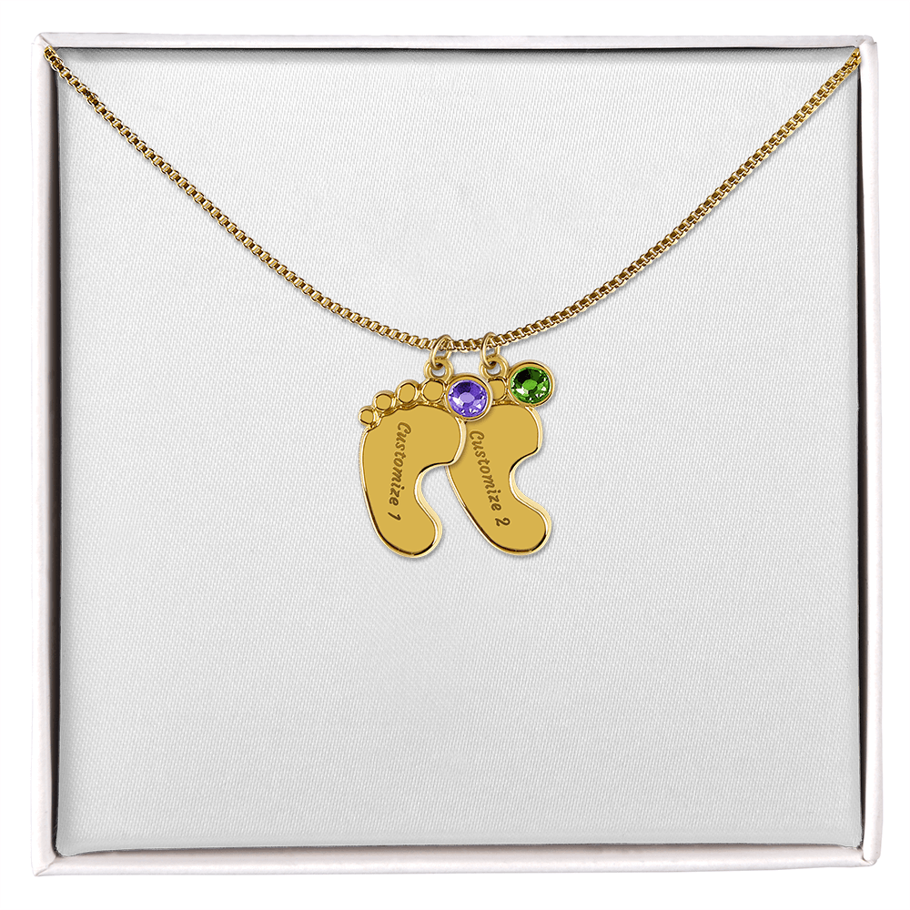 Happy Mother's Day Engraved Baby Feet and Birthstones Necklace