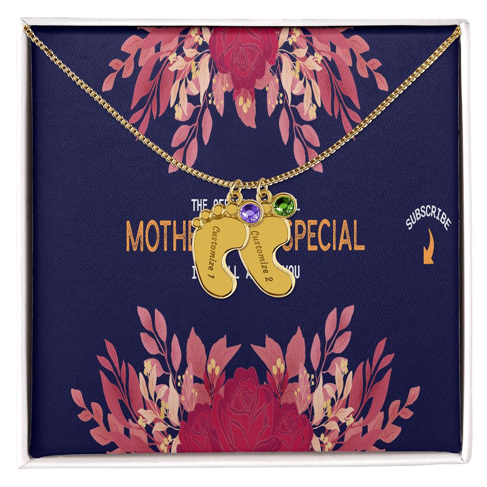 Happy Mother's Day Engraved Baby Feet and Birthstones Necklace