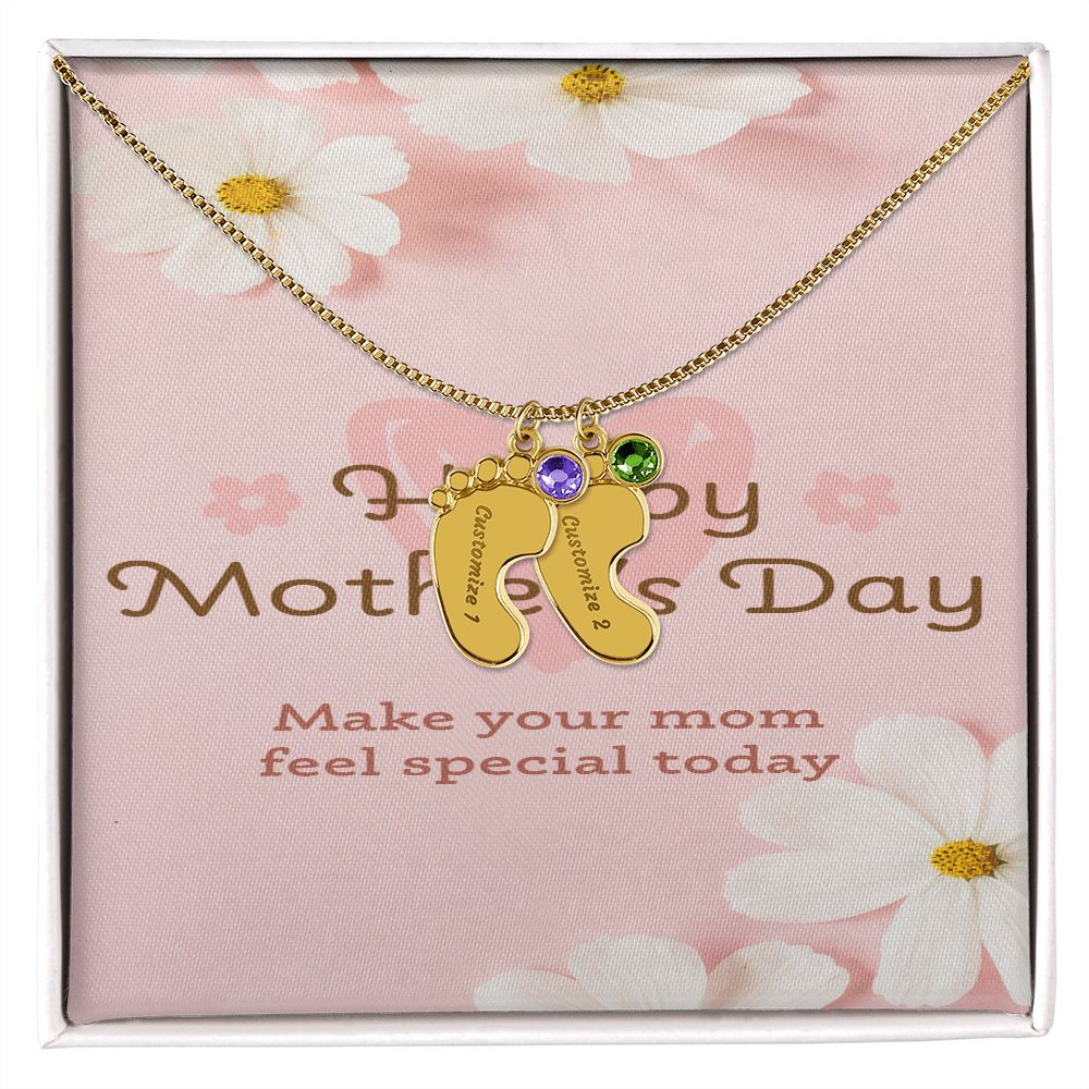 Happy Mother's Day Engraved Baby Feet and Birthstones Necklace