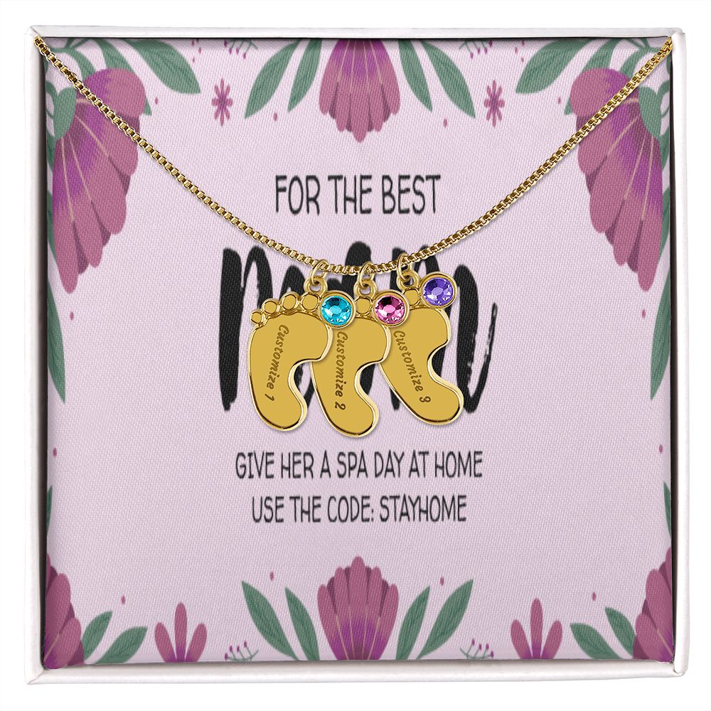 Happy Mother's Day Engraved Baby Feet and Birthstones Necklace