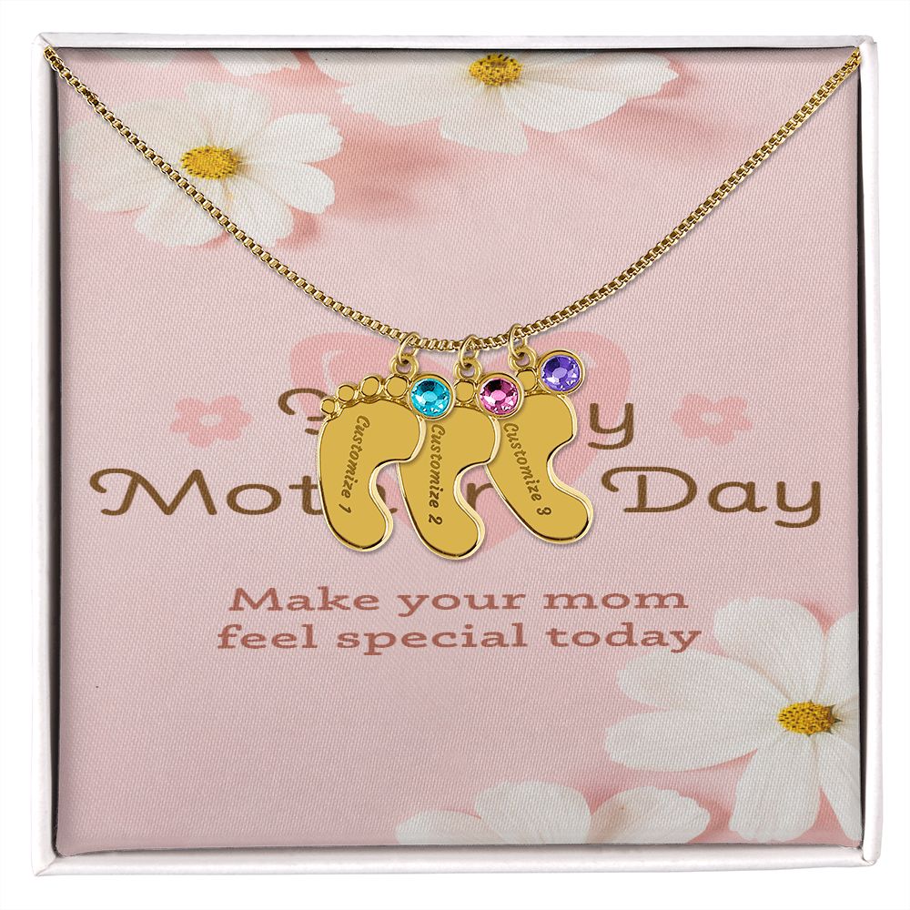 Happy Mother's Day Engraved Baby Feet and Birthstones Necklace