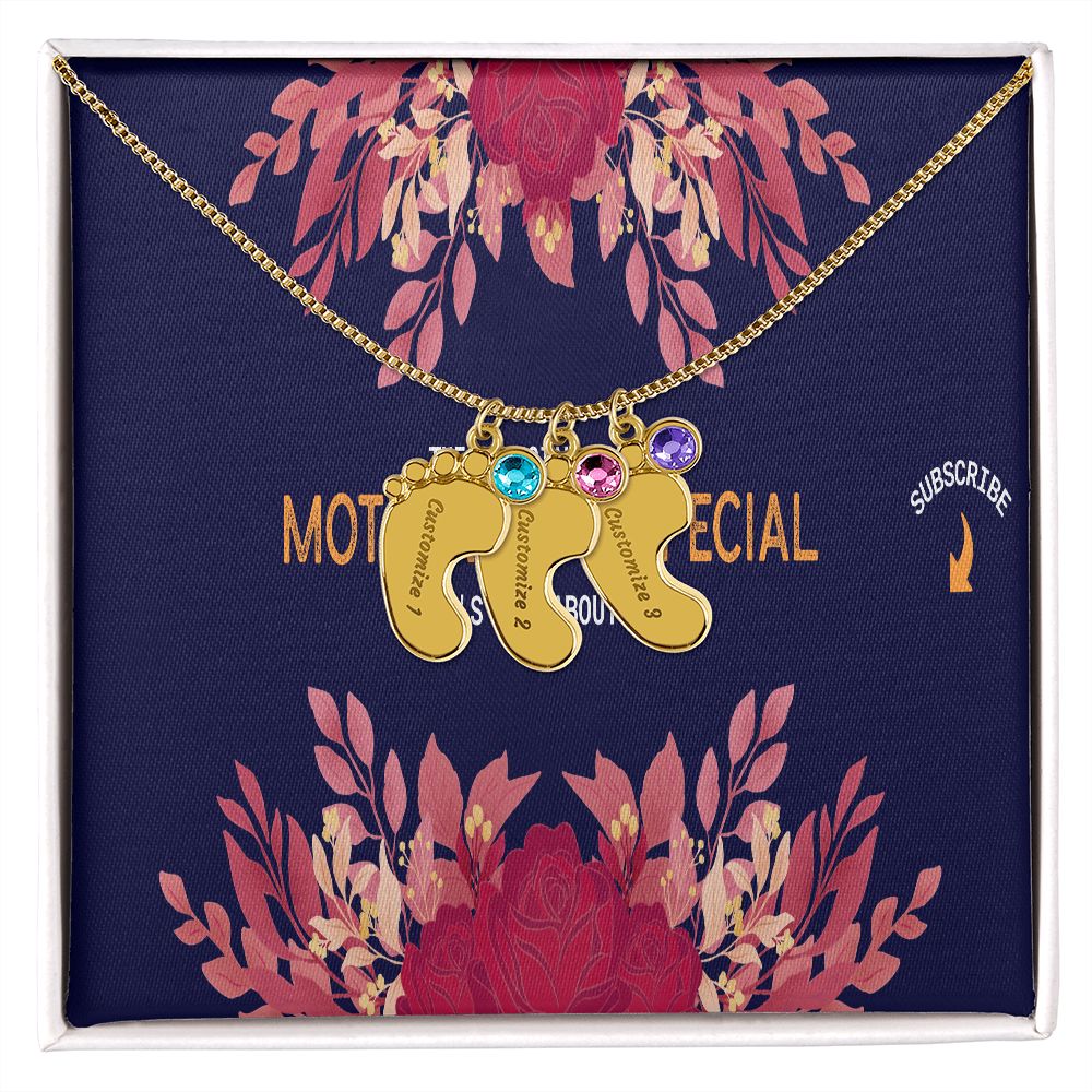 Happy Mother's Day Engraved Baby Feet and Birthstones Necklace
