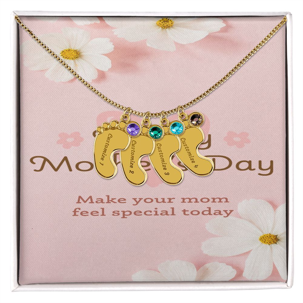 Happy Mother's Day Engraved Baby Feet and Birthstones Necklace
