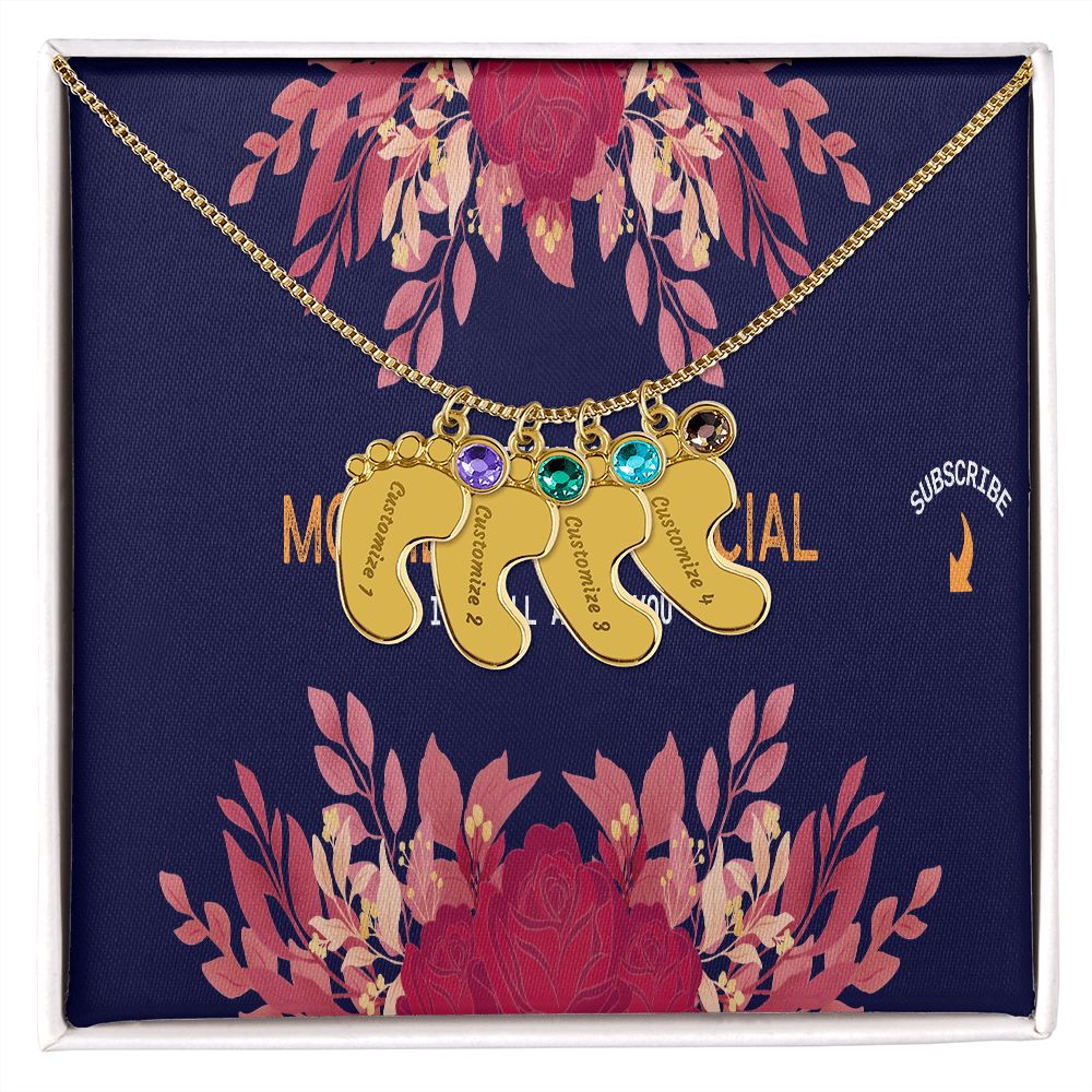 Happy Mother's Day Engraved Baby Feet and Birthstones Necklace