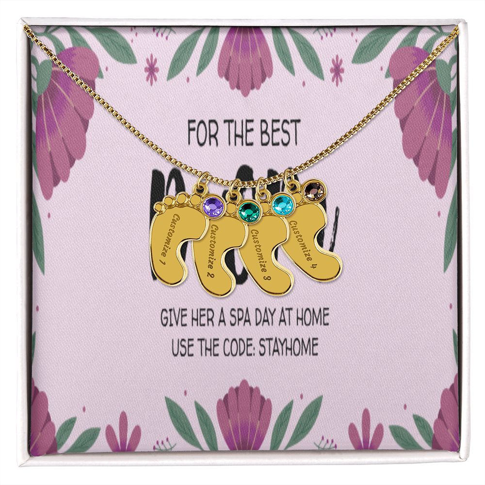 Happy Mother's Day Engraved Baby Feet and Birthstones Necklace