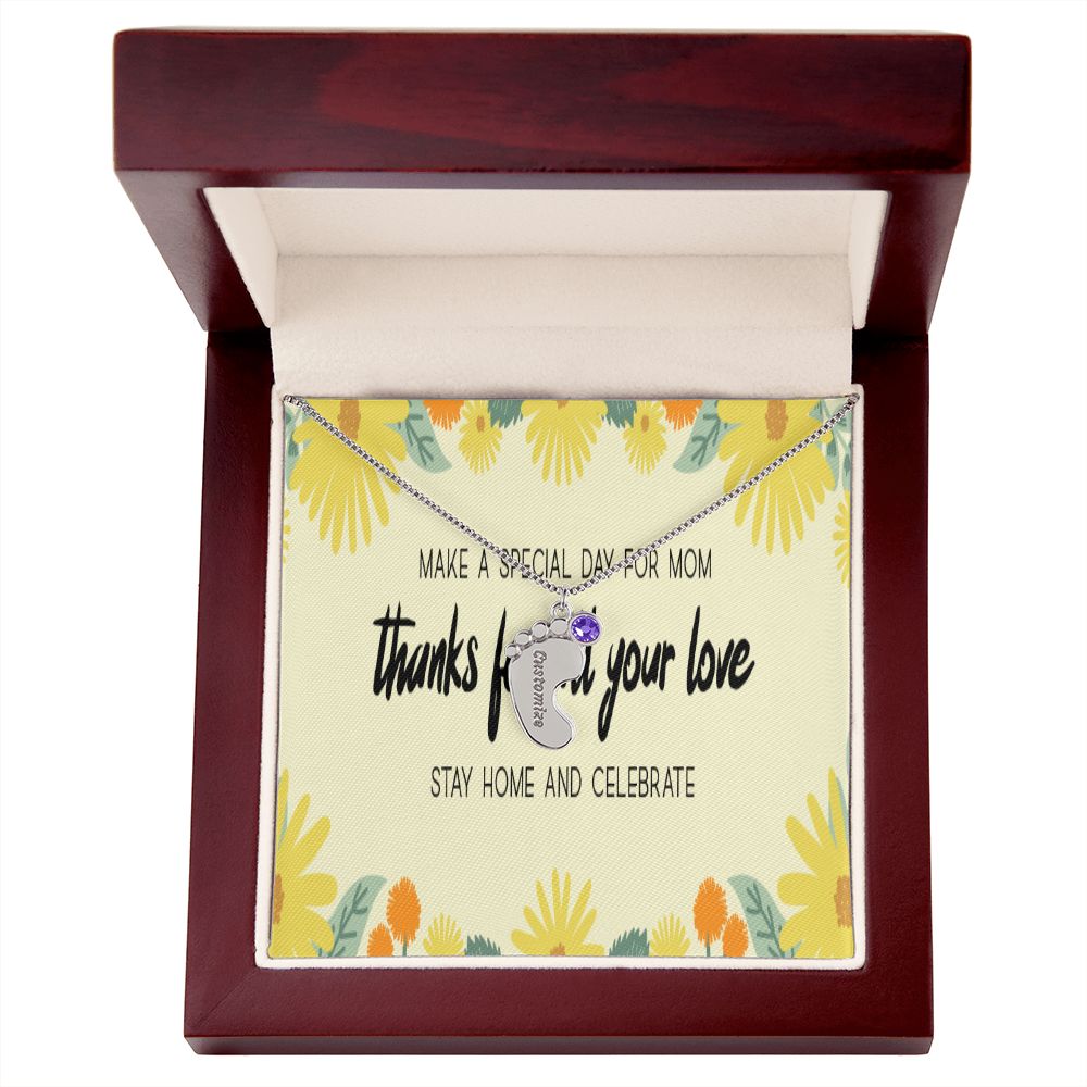 Happy Mother's Day Engraved Baby Feet and Birthstones Necklace