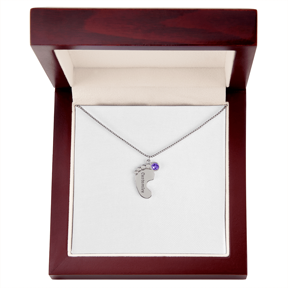 Happy Mother's Day Engraved Baby Feet and Birthstones Necklace