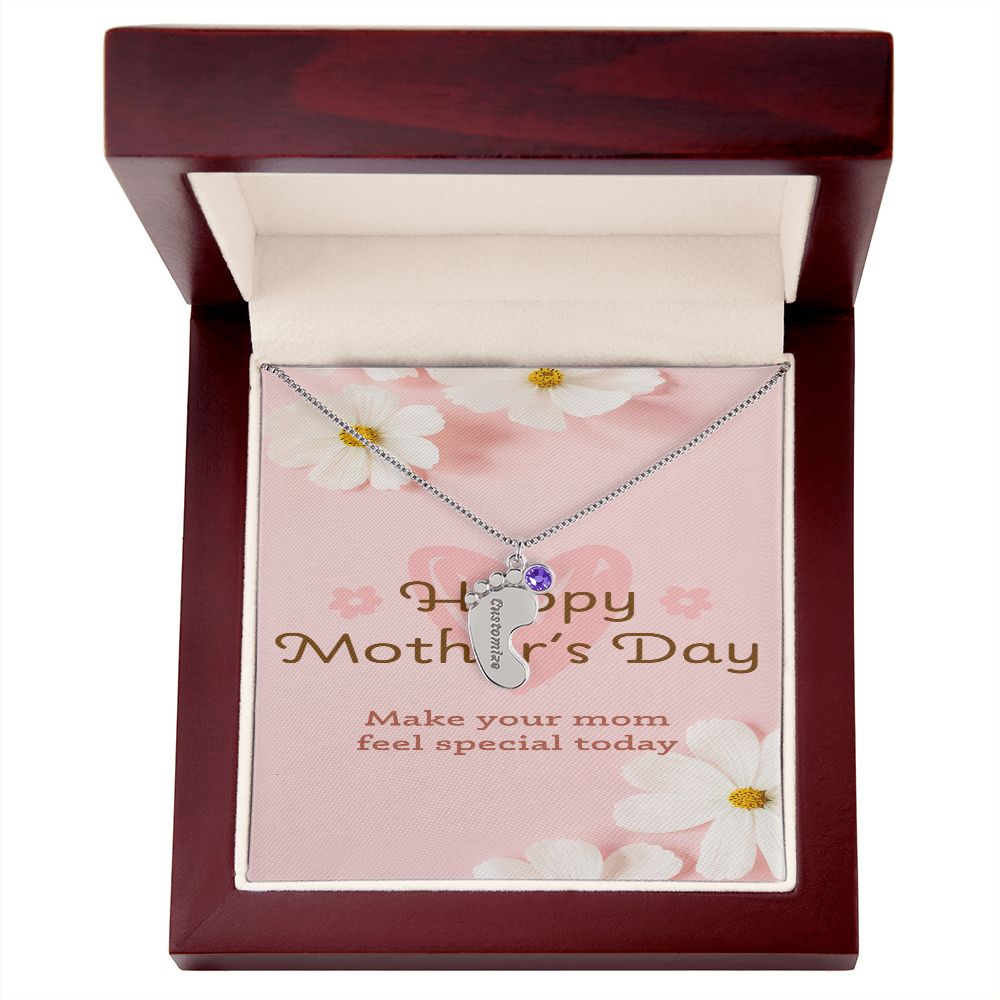 Happy Mother's Day Engraved Baby Feet and Birthstones Necklace