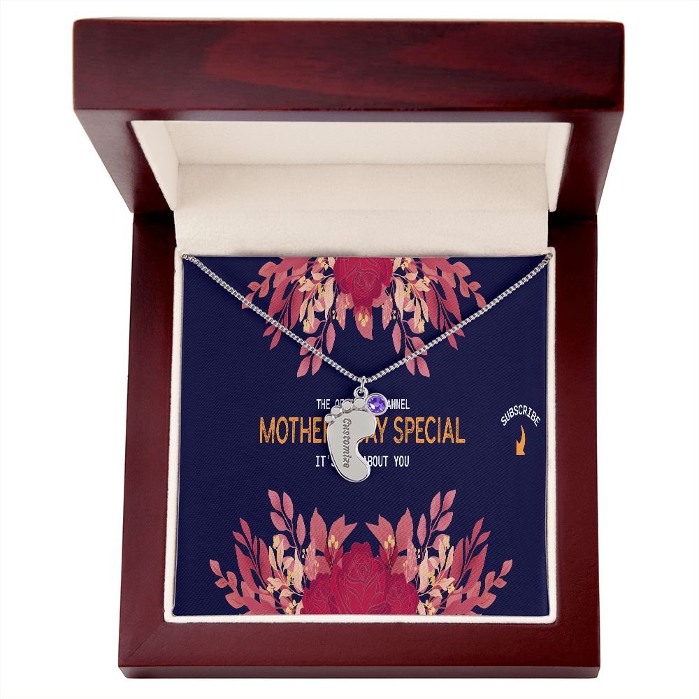 Happy Mother's Day Engraved Baby Feet and Birthstones Necklace