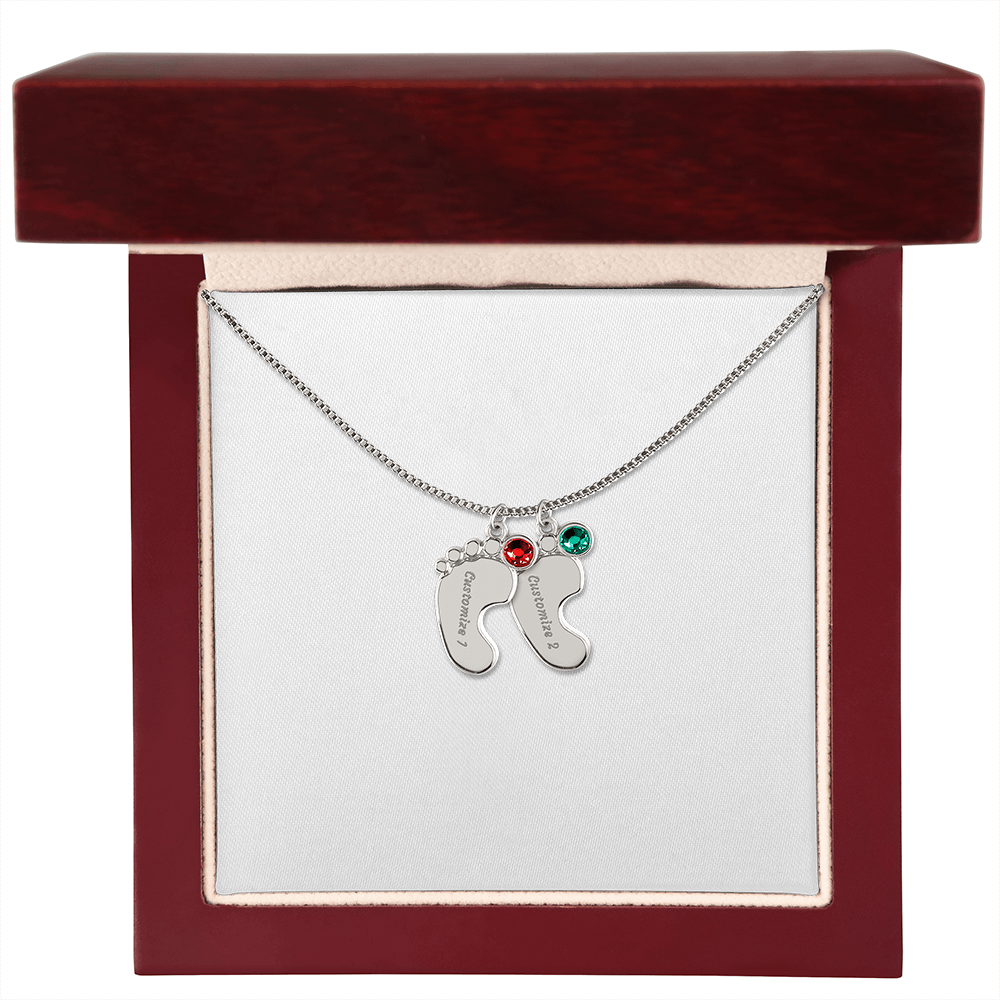Happy Mother's Day Engraved Baby Feet and Birthstones Necklace