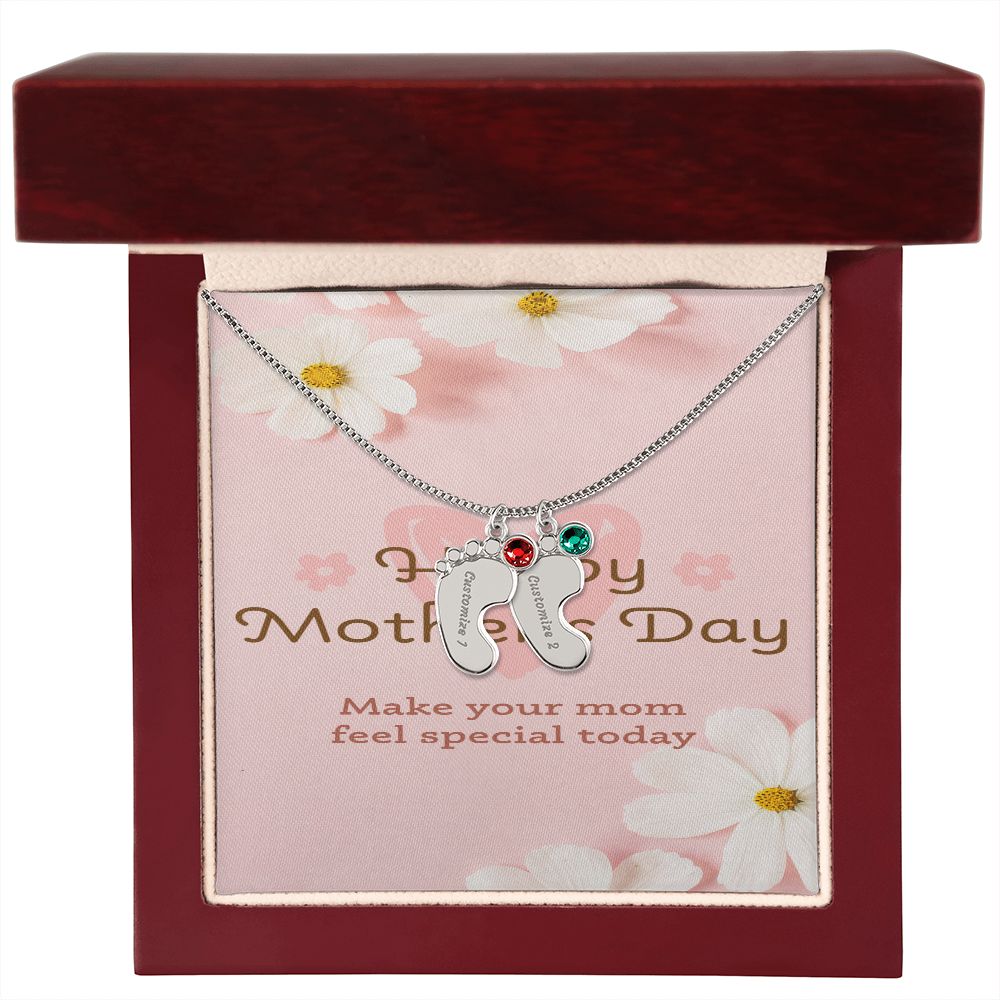 Happy Mother's Day Engraved Baby Feet and Birthstones Necklace