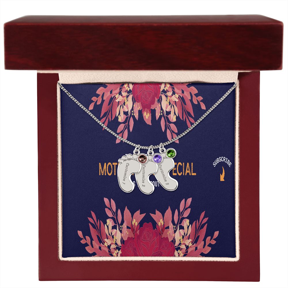Happy Mother's Day Engraved Baby Feet and Birthstones Necklace