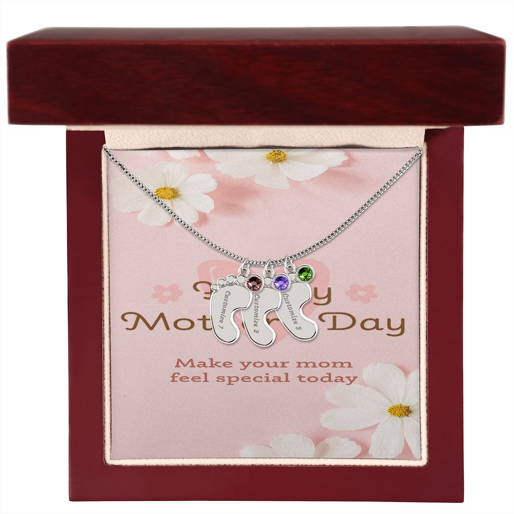 Happy Mother's Day Engraved Baby Feet and Birthstones Necklace