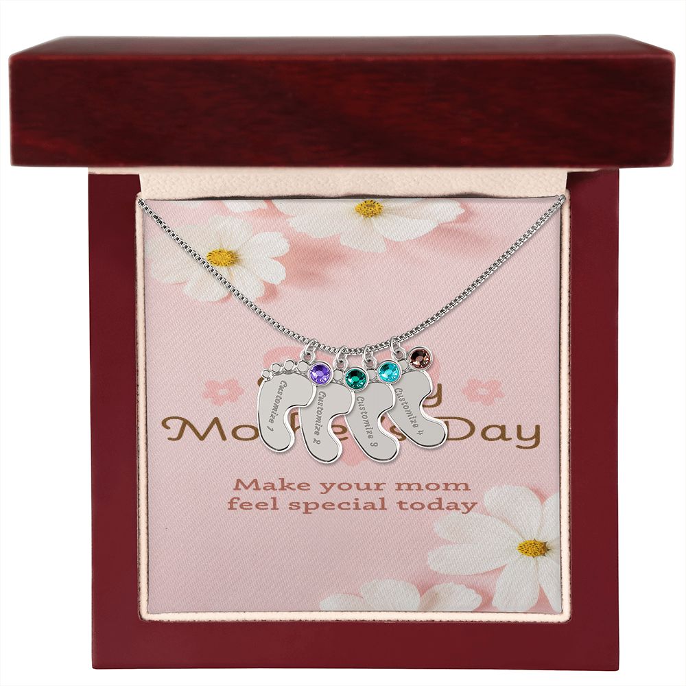 Happy Mother's Day Engraved Baby Feet and Birthstones Necklace