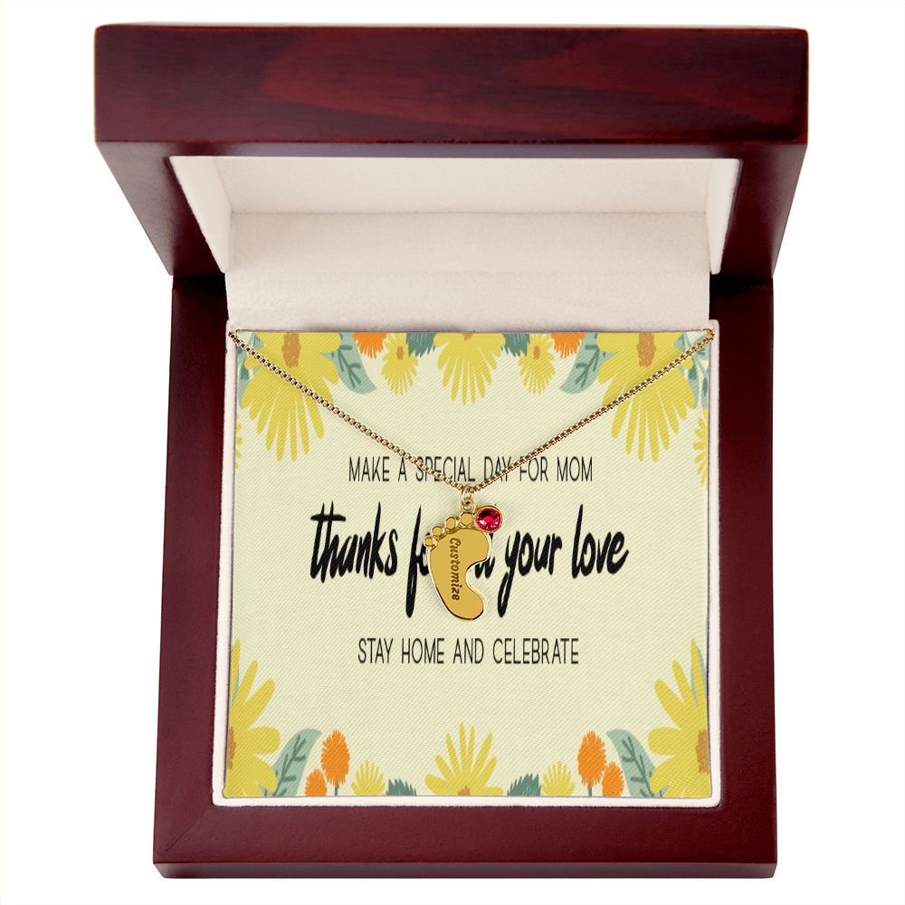 Happy Mother's Day Engraved Baby Feet and Birthstones Necklace