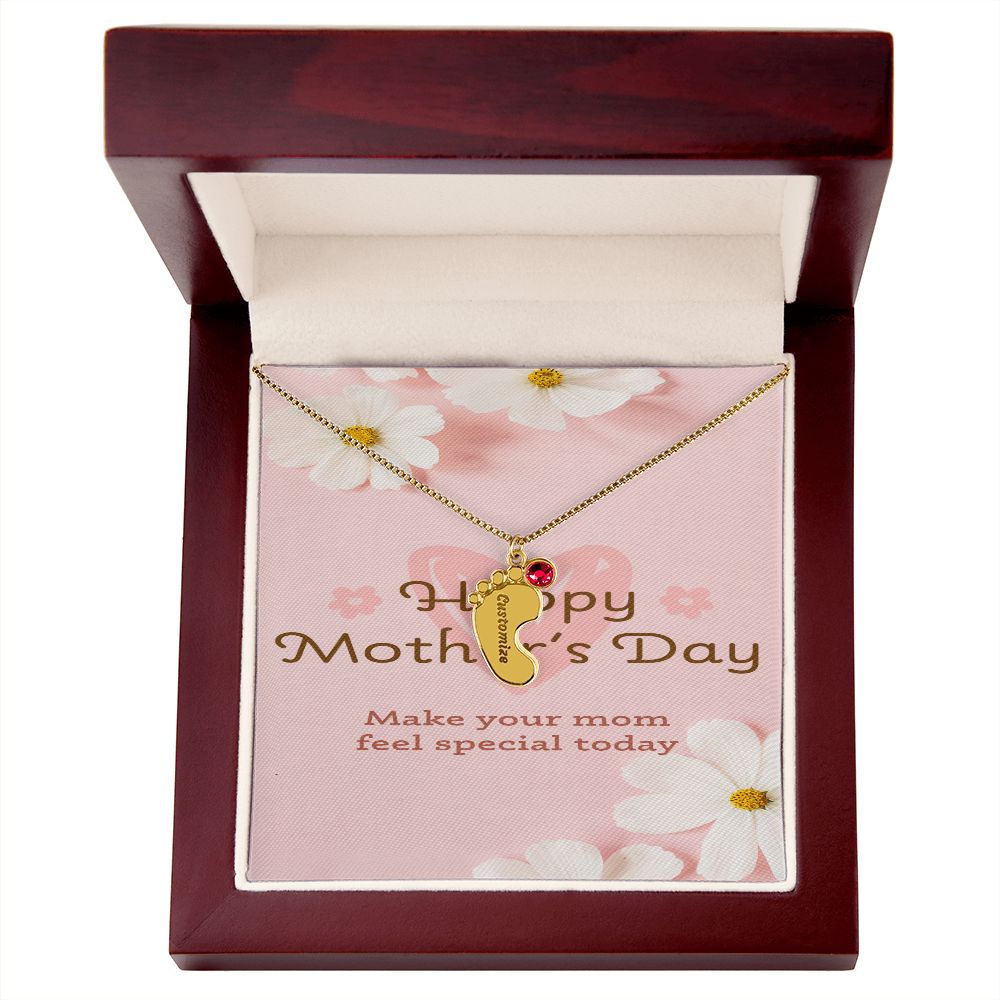 Happy Mother's Day Engraved Baby Feet and Birthstones Necklace