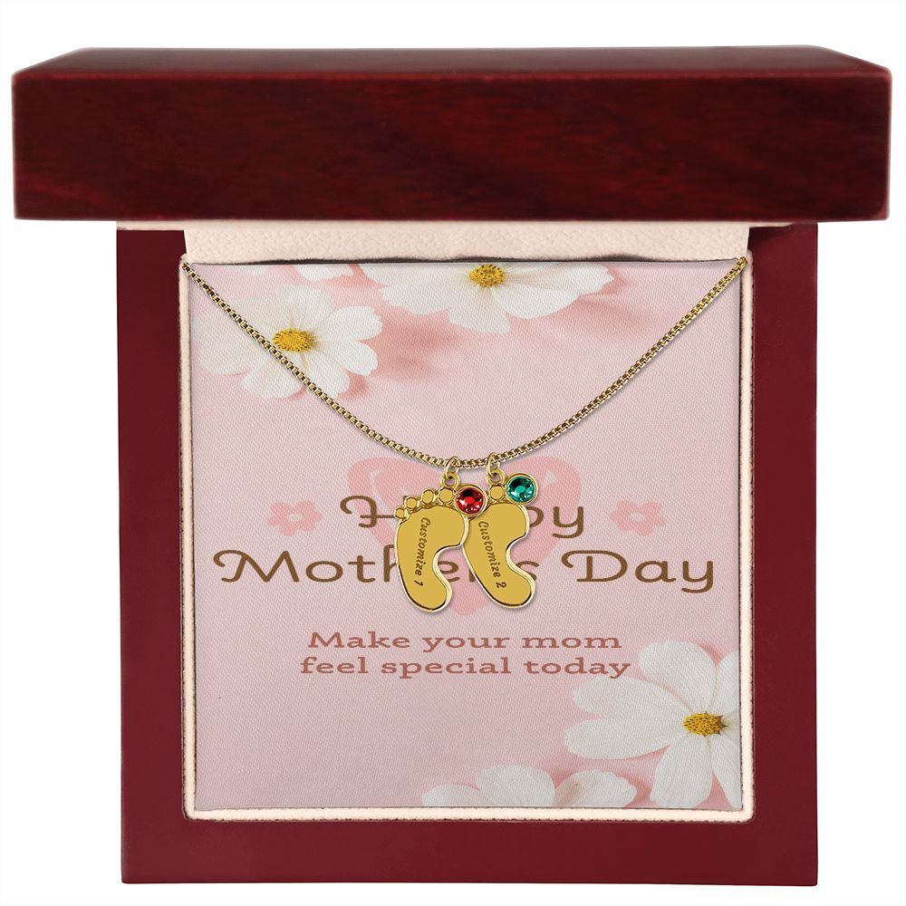 Happy Mother's Day Engraved Baby Feet and Birthstones Necklace