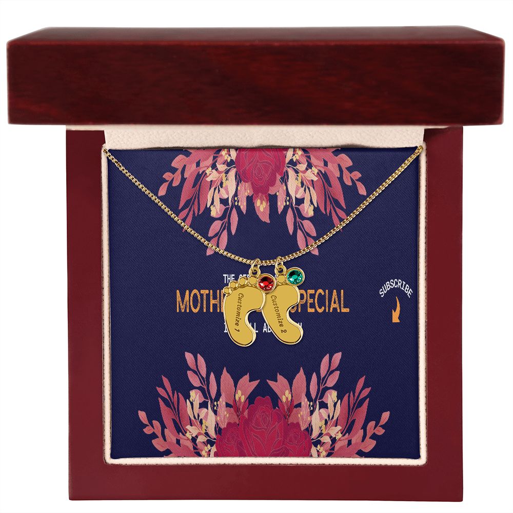 Happy Mother's Day Engraved Baby Feet and Birthstones Necklace