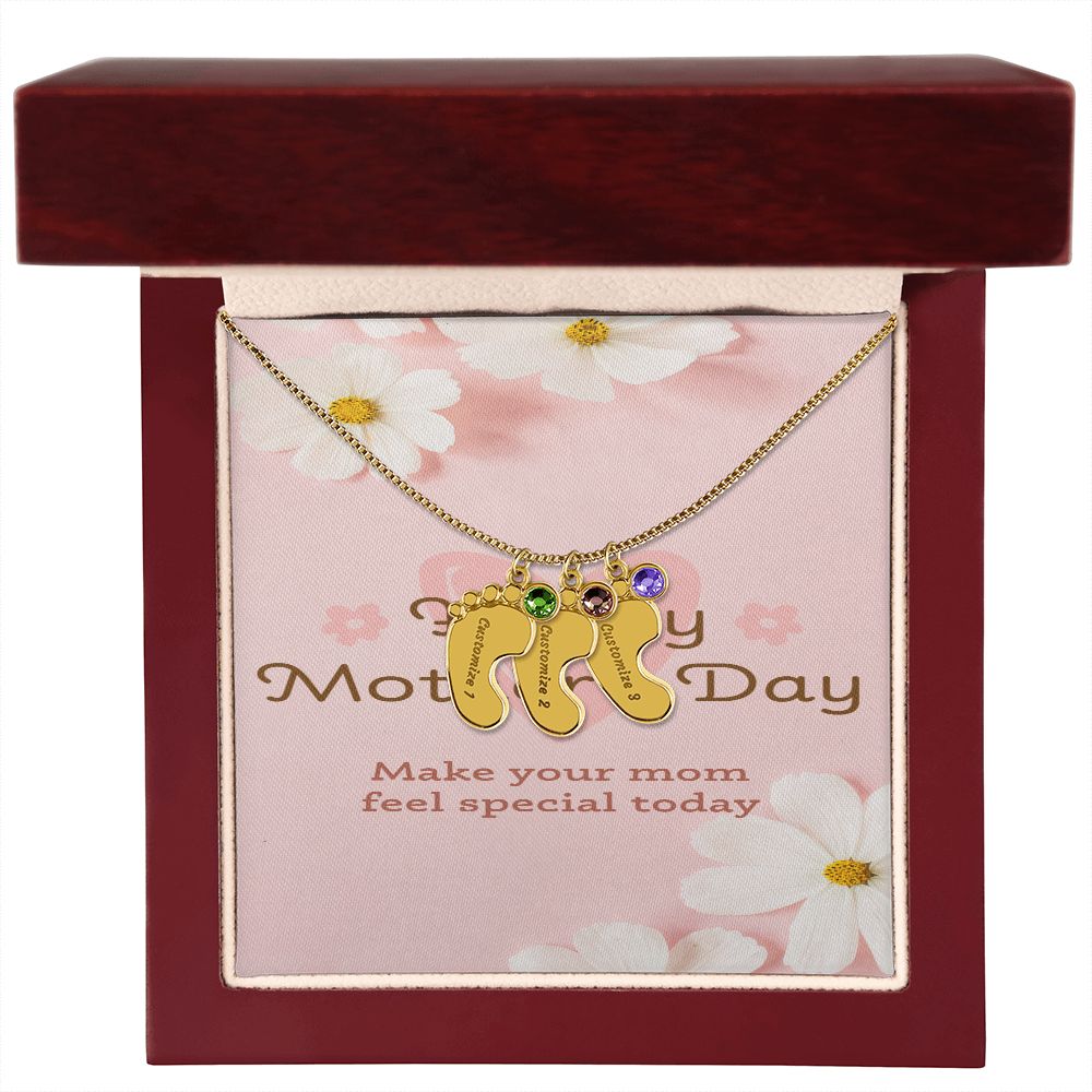Happy Mother's Day Engraved Baby Feet and Birthstones Necklace